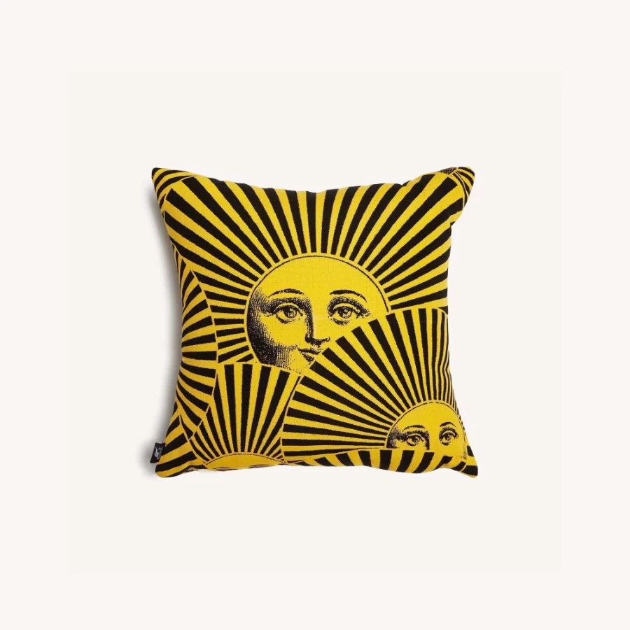 Fornasetti Yellow and Black Outdoor Cushion Soli A Ventaglio - Luxury Designer Pillow for Patio and Garden