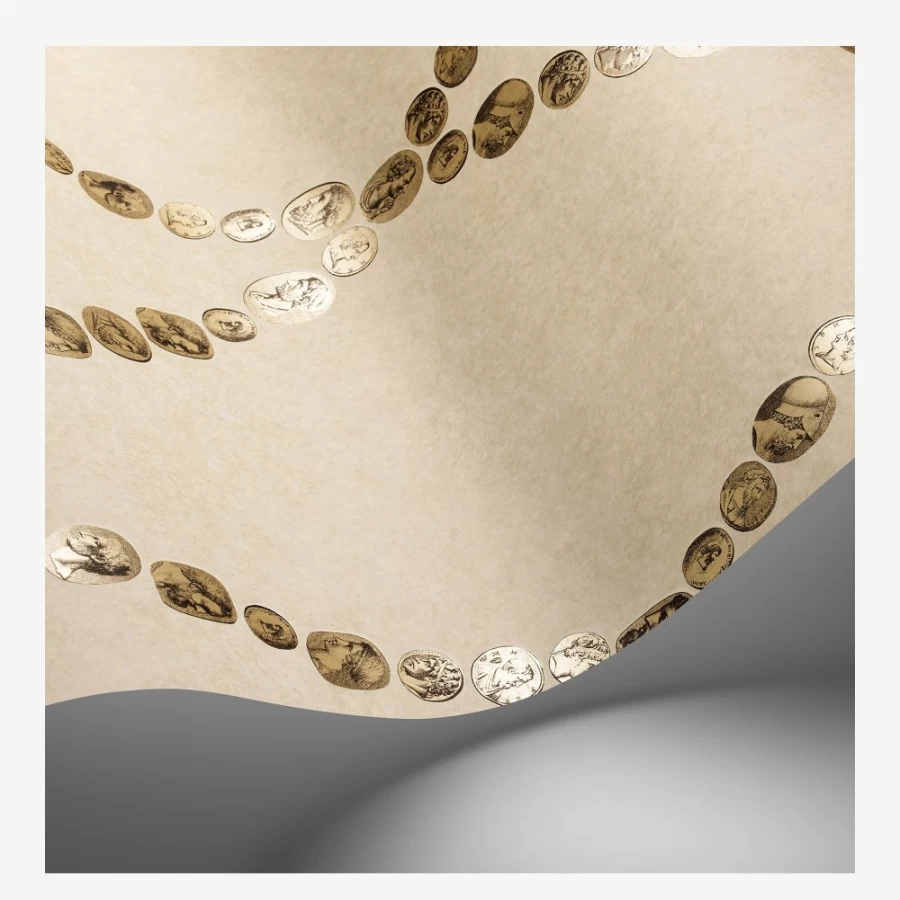 "Fornasetti Cammei Wallpaper in Soft Gold On Stone - Luxury Designer Wall Covering"