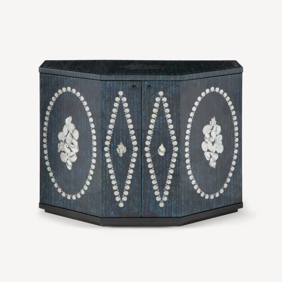 Fornasetti Silver and Blue Polyhedric Giro Di Conchiglie Small Cabinet