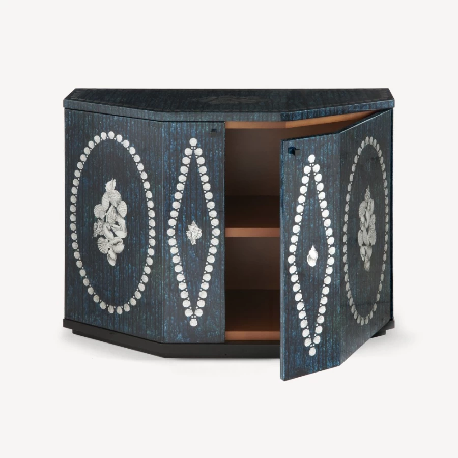 Fornasetti Silver and Blue Polyhedric Giro Di Conchiglie Small Cabinet