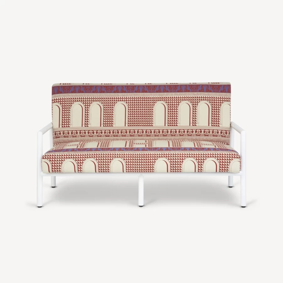 Fornasetti Facciata Quattrocentesca Outdoor Sofa in Rust, Ecru & White – Italian Designer Patio Furniture