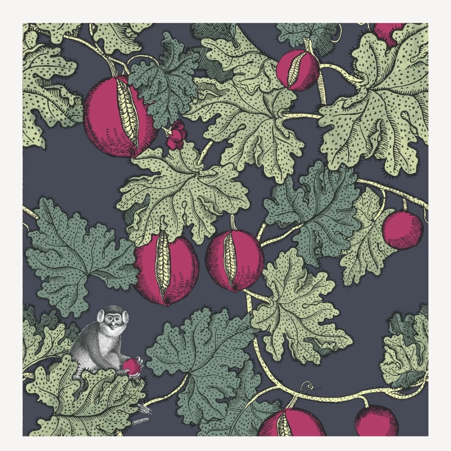 Fornasetti Wallpaper Frutto Proibito - Sage, Magenta on Ink Design