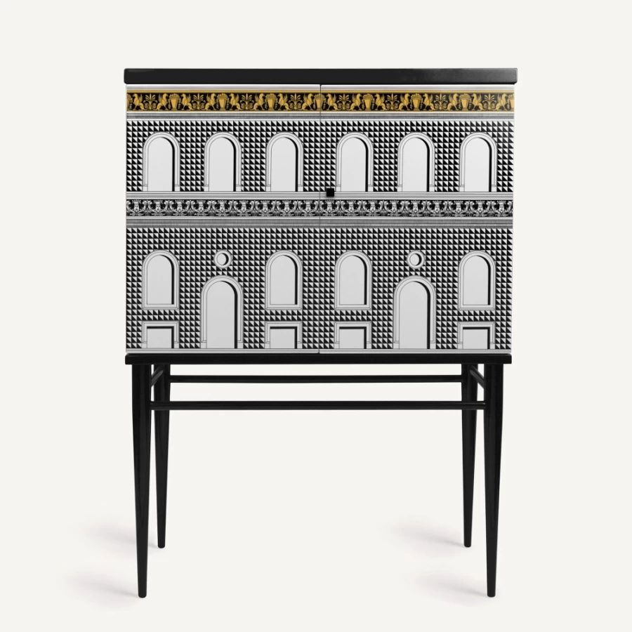 Fornasetti Facciata Quattrocentesca Raised Small Sideboard in White, Black & Yellow