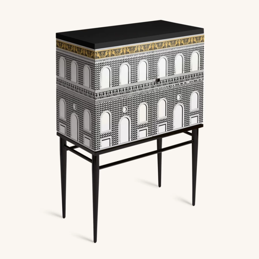 Fornasetti Facciata Quattrocentesca Raised Small Sideboard in White, Black & Yellow