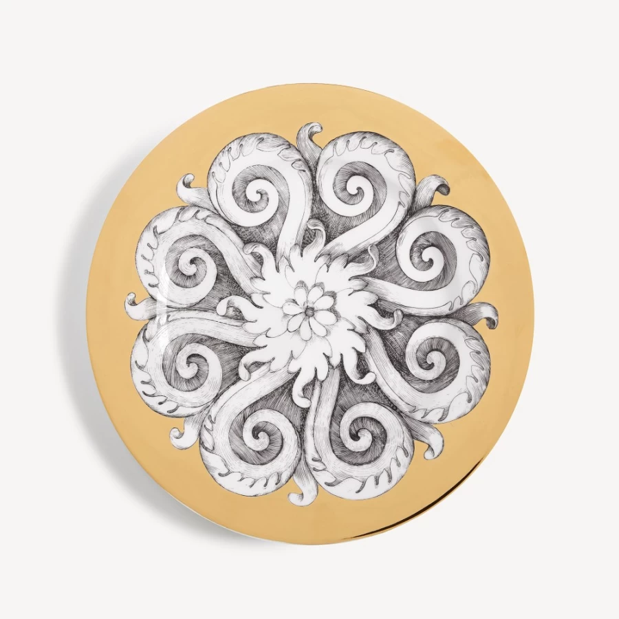Fornasetti Rim Plate Rosone N.1 Decorative Plate in White, Black, and Gold