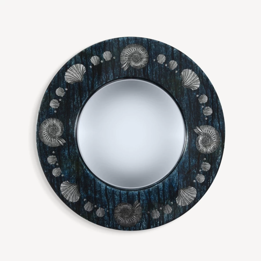 Fornasetti Silver/Blue Convex Mirror Frame - Giro Di Conchiglie Design
