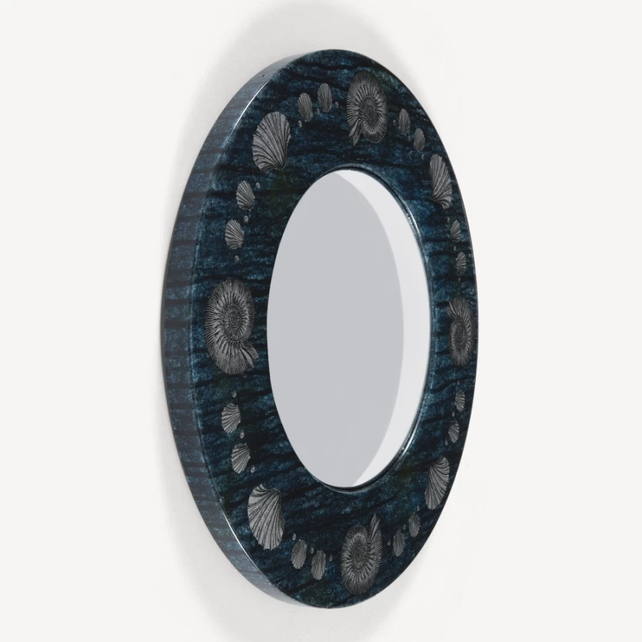 Fornasetti Silver/Blue Convex Mirror Frame - Giro Di Conchiglie Design