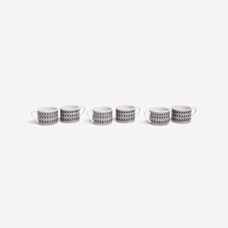 Fornasetti Architettura Tea Cup Set - 6 White and Black Porcelain Cups