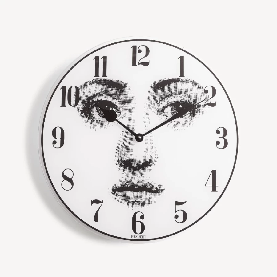 Fornasetti White and Black Wall Clock Viso - Elegant Designer Timepiece for Home Decor