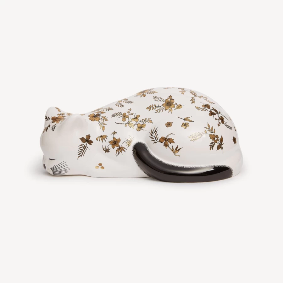 Fornasetti Cat Fiorato Decorative Object in White, Black & Gold