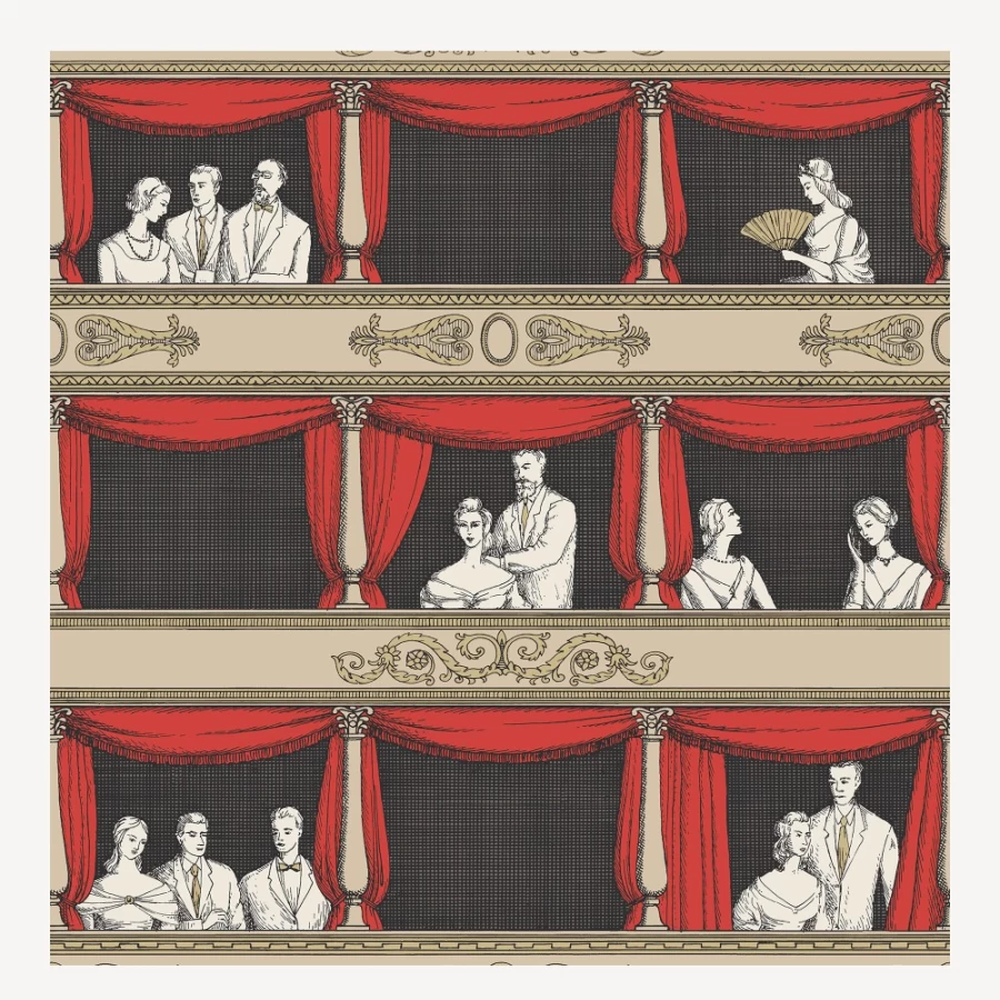 Fornasetti Wallpaper Teatro Design in Linen and Rouge - Luxury Italian Home Decor