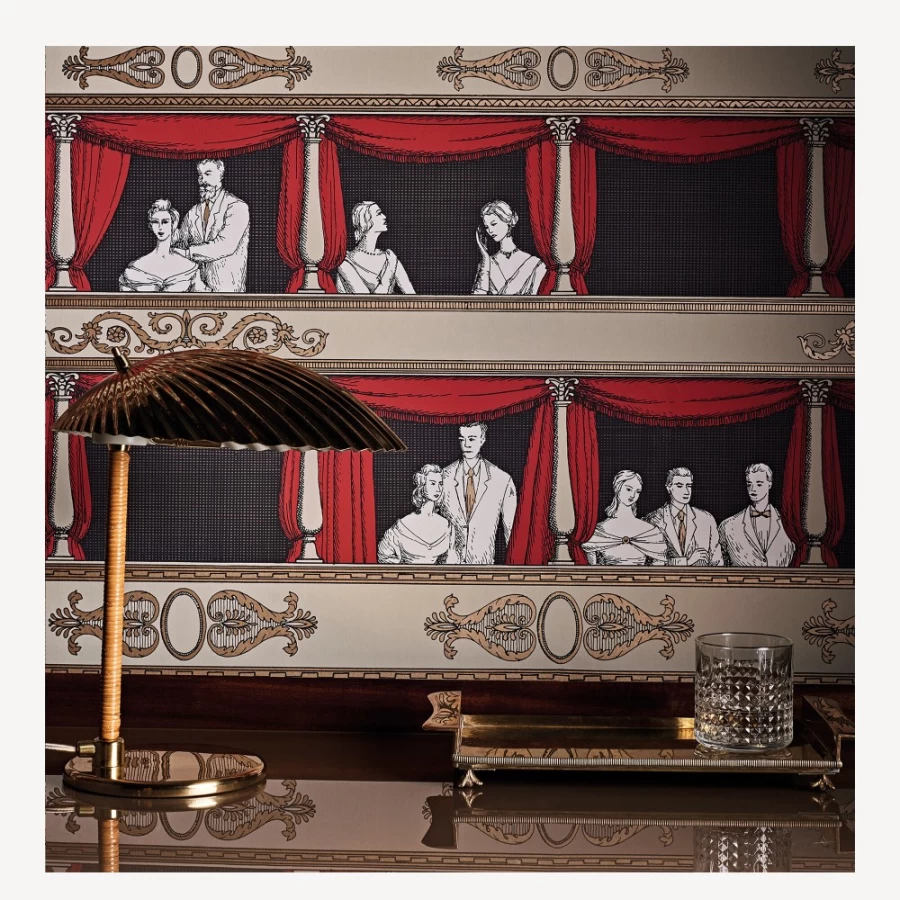 Fornasetti Wallpaper Teatro Design in Linen and Rouge - Luxury Italian Home Decor