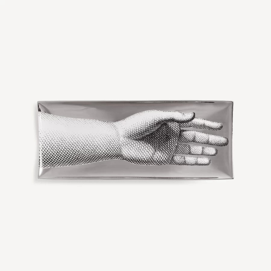 Fornasetti Rectangular Tray in White, Black & Platinum - Mano Design Decorative Serving Tray