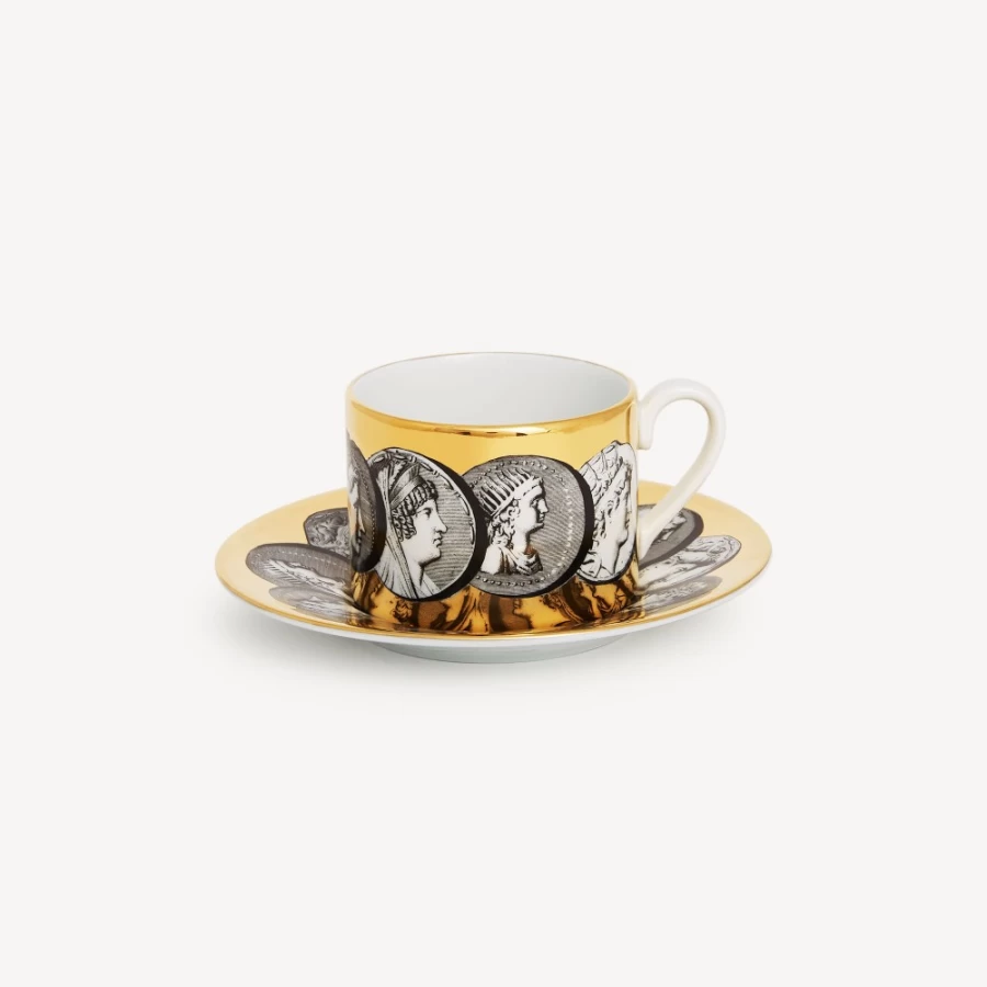 Fornasetti White Black Gold Tea Cup Cammei - Decorative Porcelain Collectible