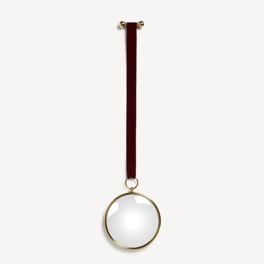Fornasetti Brass and Bordeaux Magic Convex Mirror with Velvet Ribbon - Decorative Wall Art