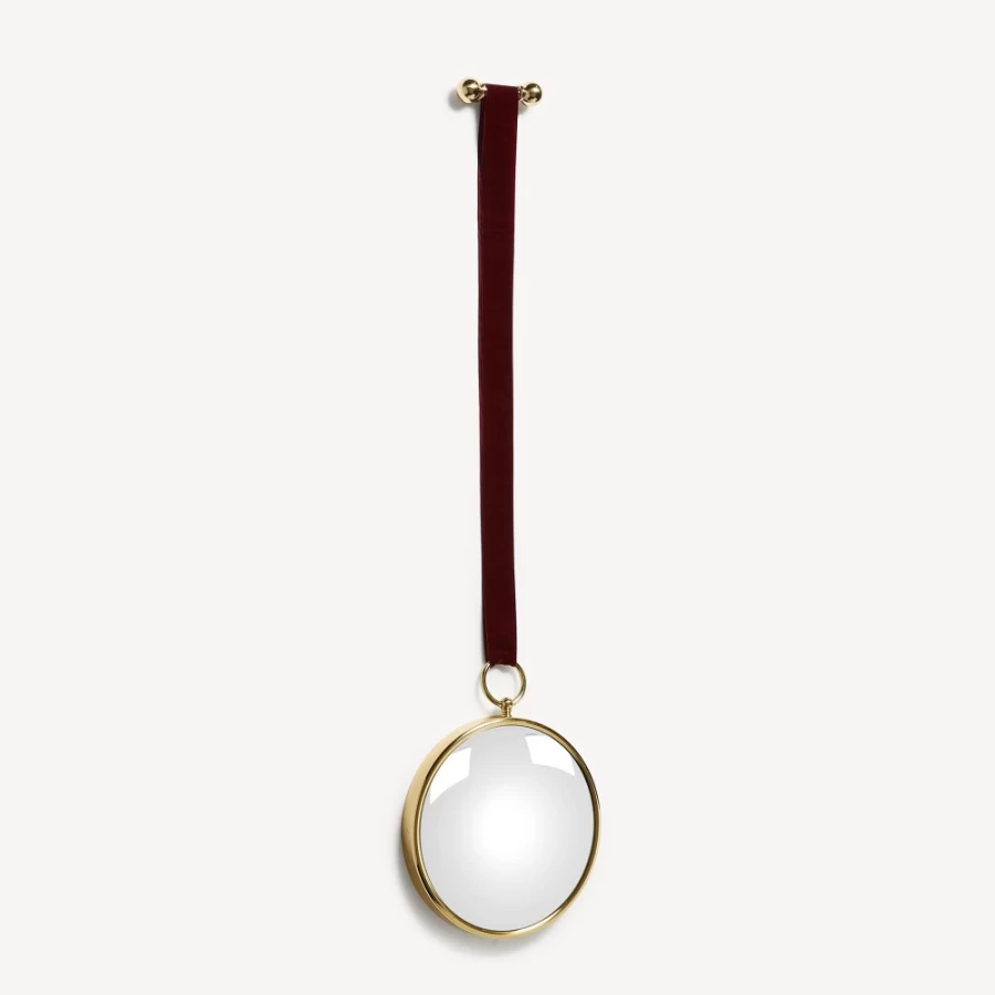 Fornasetti Brass and Bordeaux Magic Convex Mirror with Velvet Ribbon - Decorative Wall Art