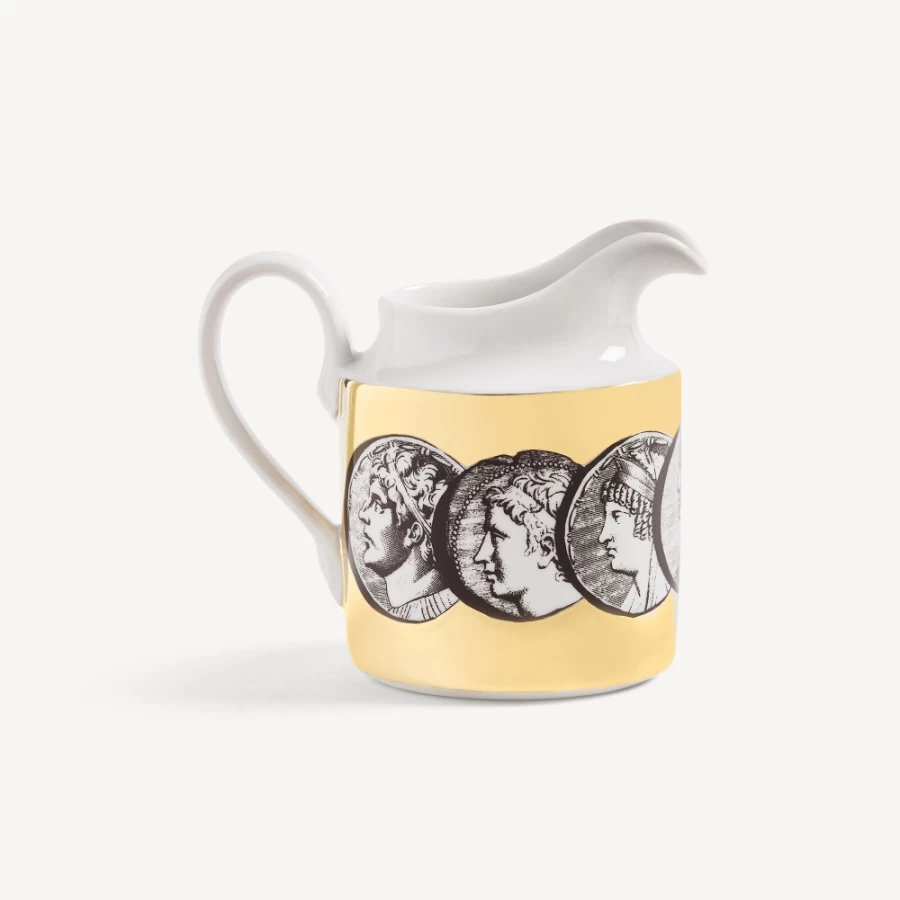 Fornasetti Cammei Milk Jug in White, Black, and Gold - Decorative Ceramic Pitcher