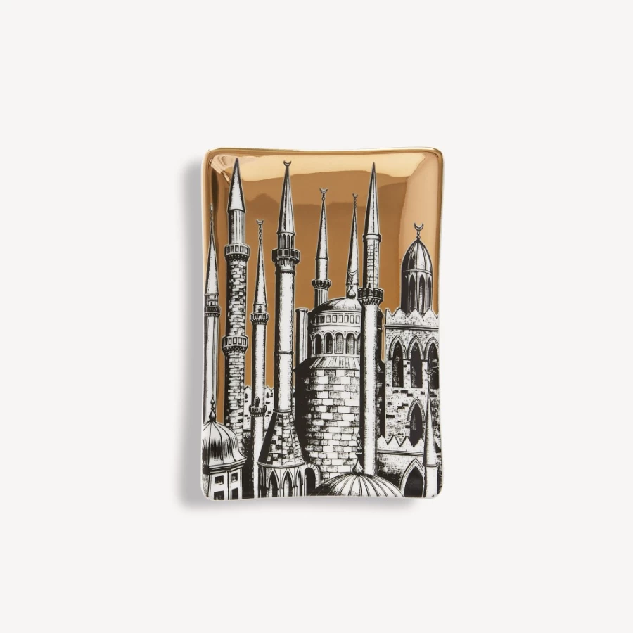 Fornasetti Minareti Ashtray in White, Black & Gold - Decorative Ceramic Collectible
