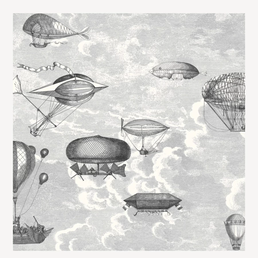 Fornasetti Wallpaper Macchine Volanti 2-Roll Set in Soot & Snow - Premium Italian Design