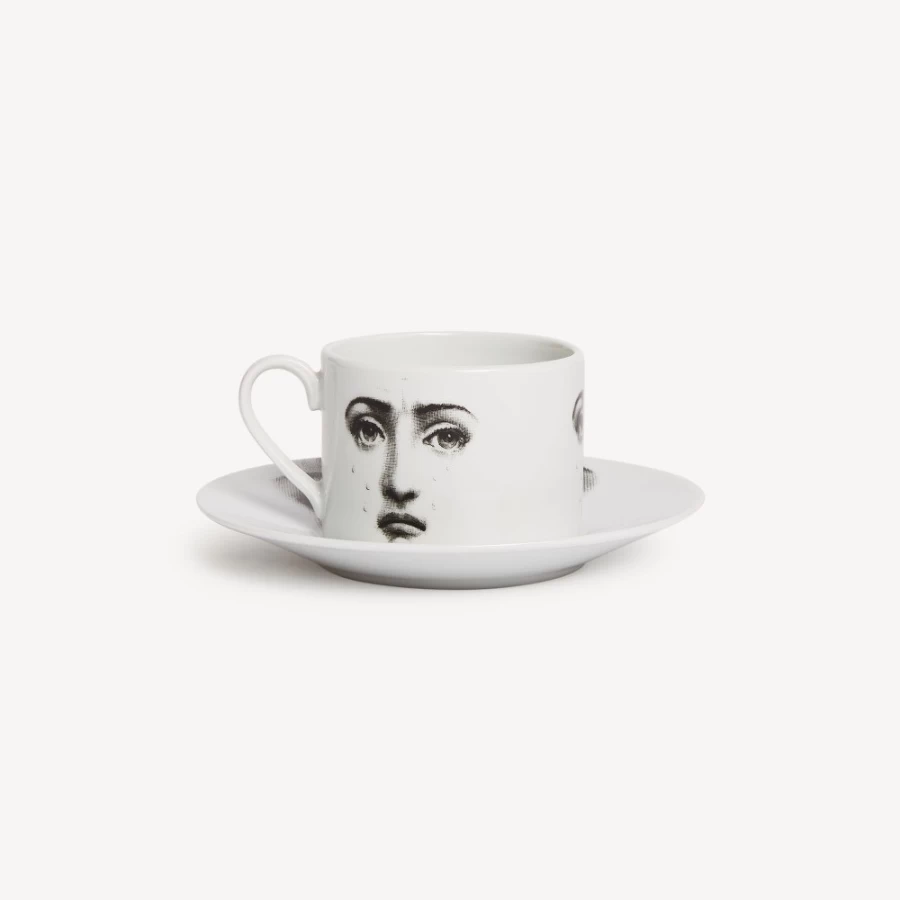 Fornasetti White and Black Tea Cup "Tema E Variazioni Il Fumo Fa Male" Ceramic Collectible