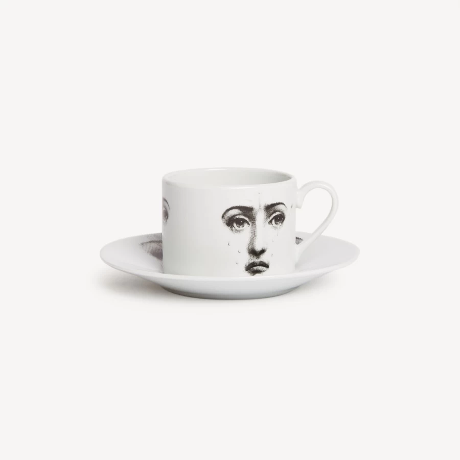 Fornasetti White and Black Tea Cup "Tema E Variazioni Il Fumo Fa Male" Ceramic Collectible