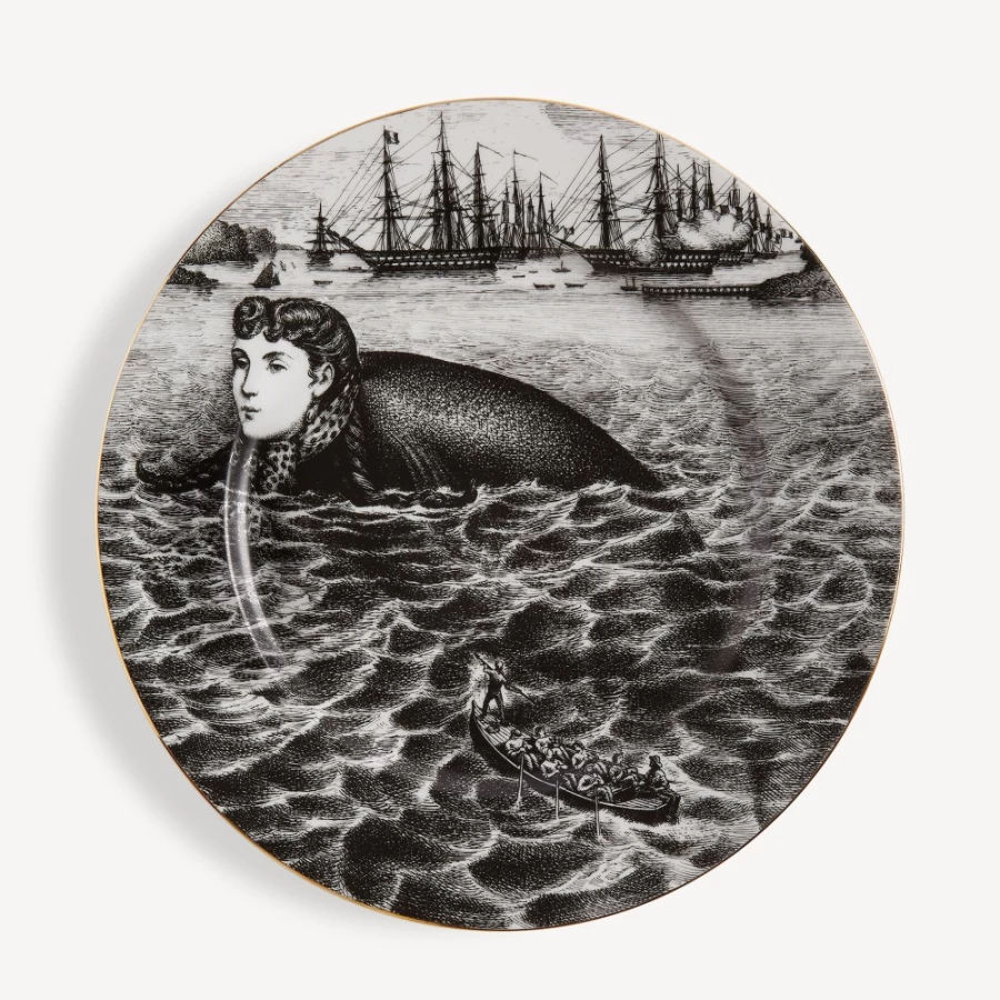 Fornasetti Sirene No.2 Rim Plate in White, Black & Gold - Decorative Ceramic Collectible