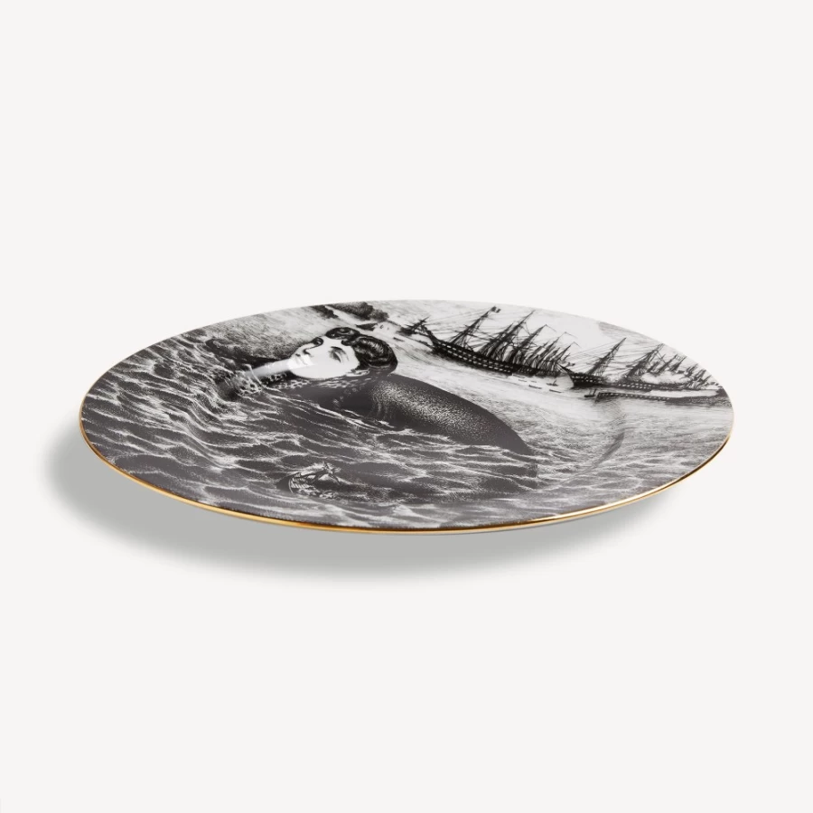 Fornasetti Sirene No.2 Rim Plate in White, Black & Gold - Decorative Ceramic Collectible