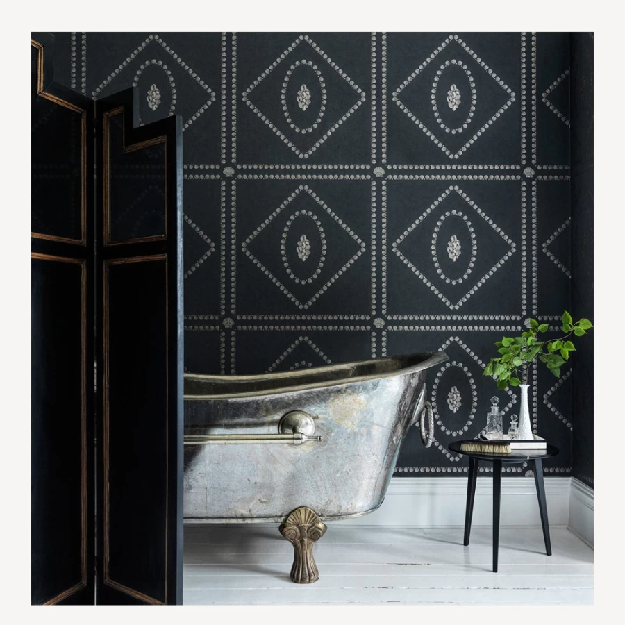 Fornasetti Conchiglie Wallpaper in Soft Gold On Charcoal - Luxury Designer Wall Covering