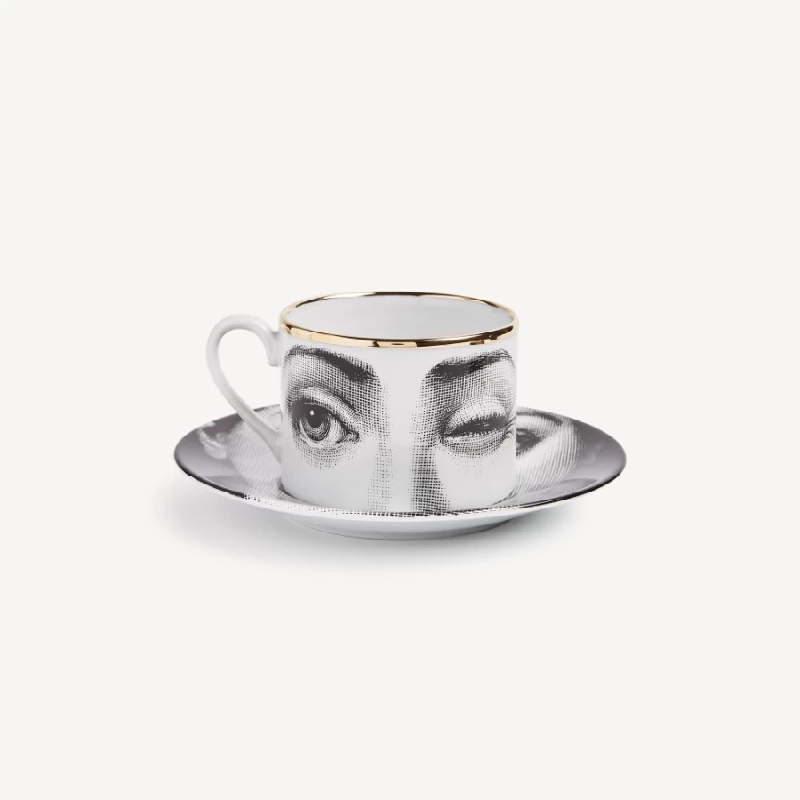 Fornasetti Tea Cup "Tema E Variazioni L'Antipatico" in White, Black & Gold - Collectible Ceramic Cup