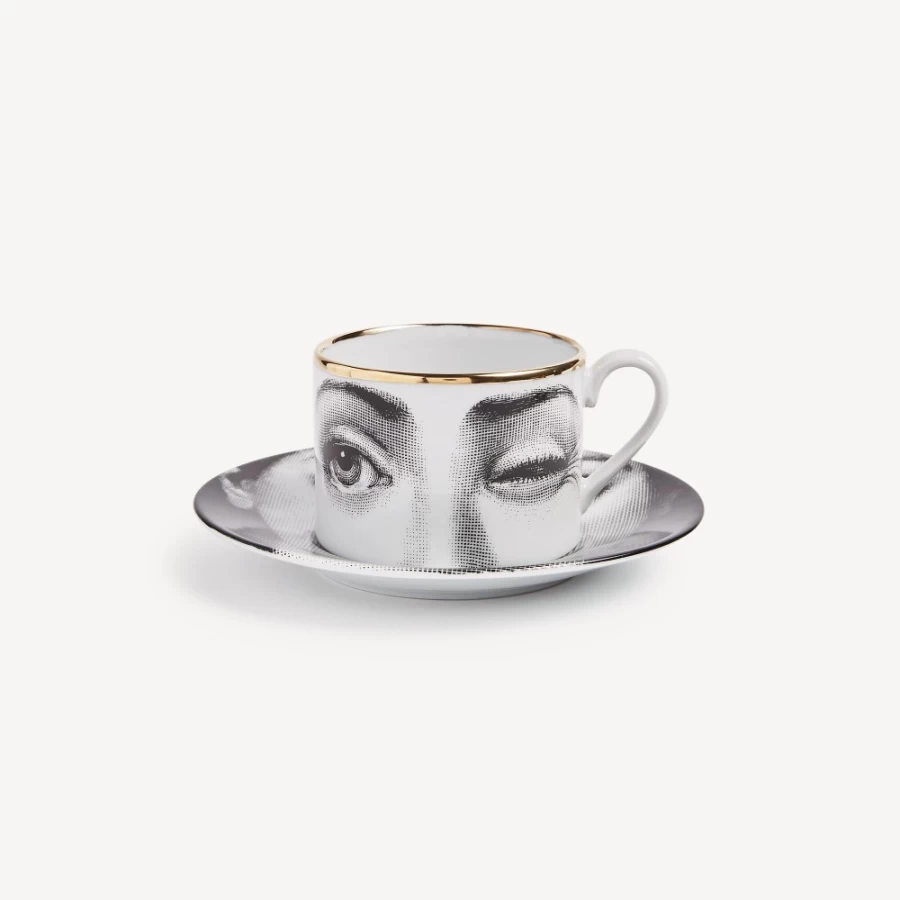 Fornasetti Tea Cup "Tema E Variazioni L'Antipatico" in White, Black & Gold - Collectible Ceramic Cup