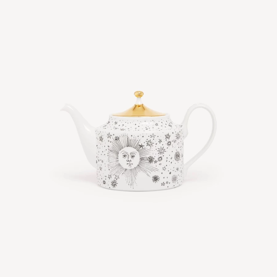 Fornasetti White Black Gold Teapot Solitario - Decorative Ceramic Teapot