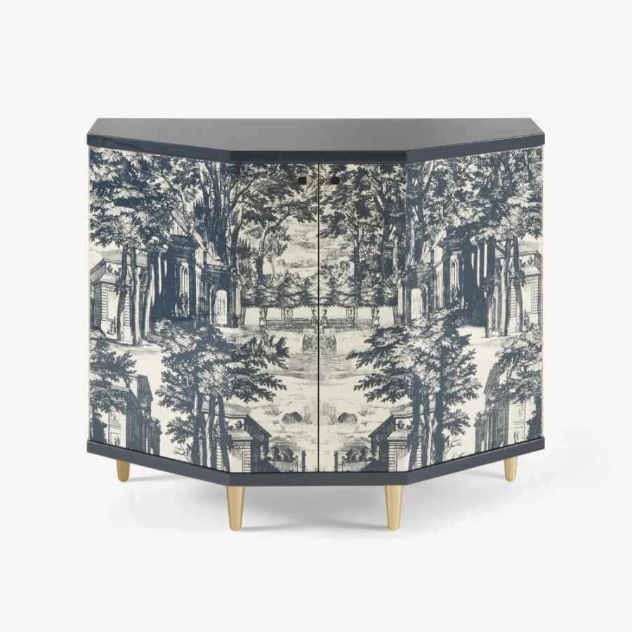 Fornasetti Blue Ivory Small Cabinet Polyhedric Giardino Settecentesco Collectible Design Piece