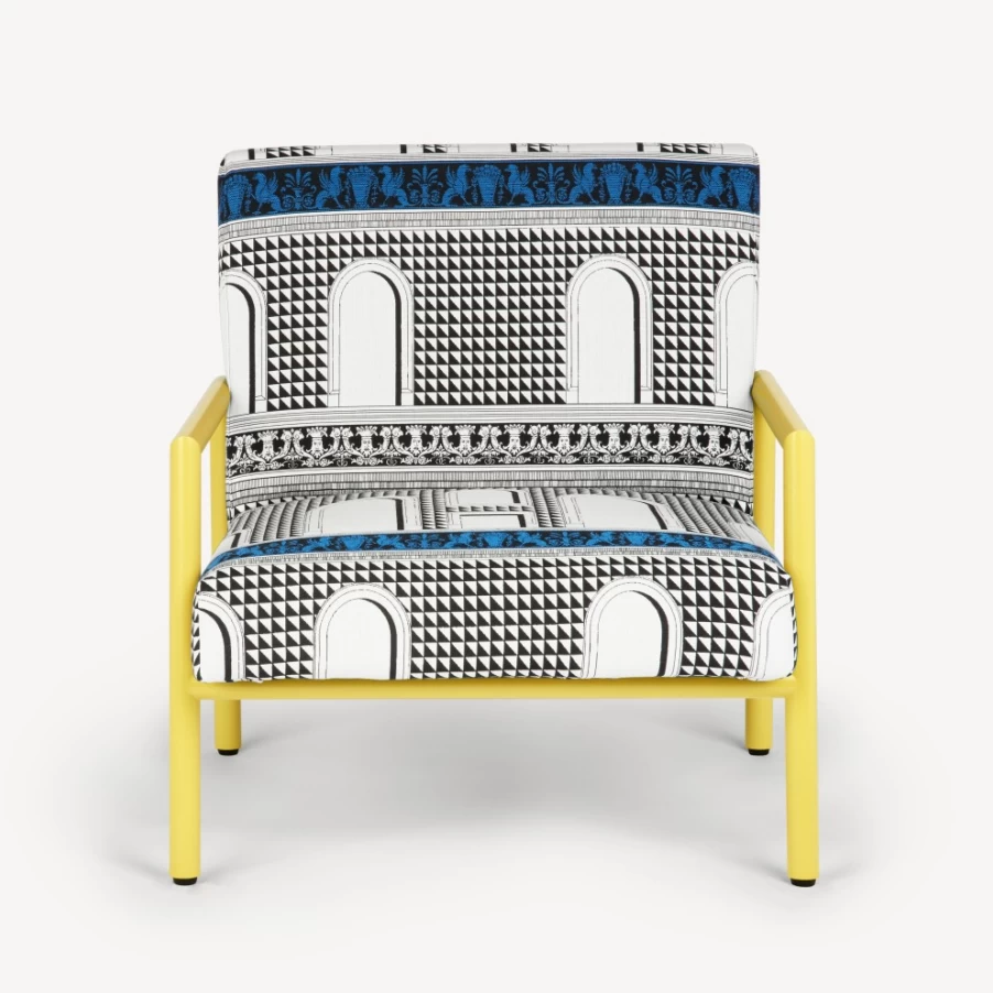 Fornasetti Facciata Quattrocentesca Outdoor Armchair in White, Black & Turquoise - Modern Garden Furniture