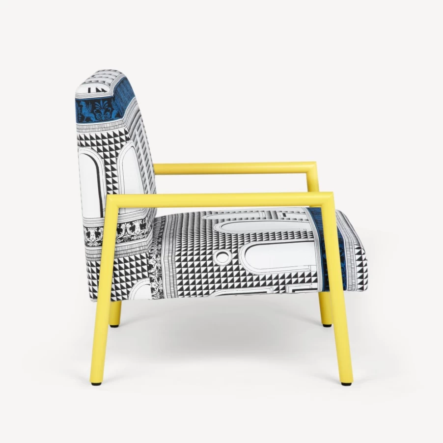 Fornasetti Facciata Quattrocentesca Outdoor Armchair in White, Black & Turquoise - Modern Garden Furniture
