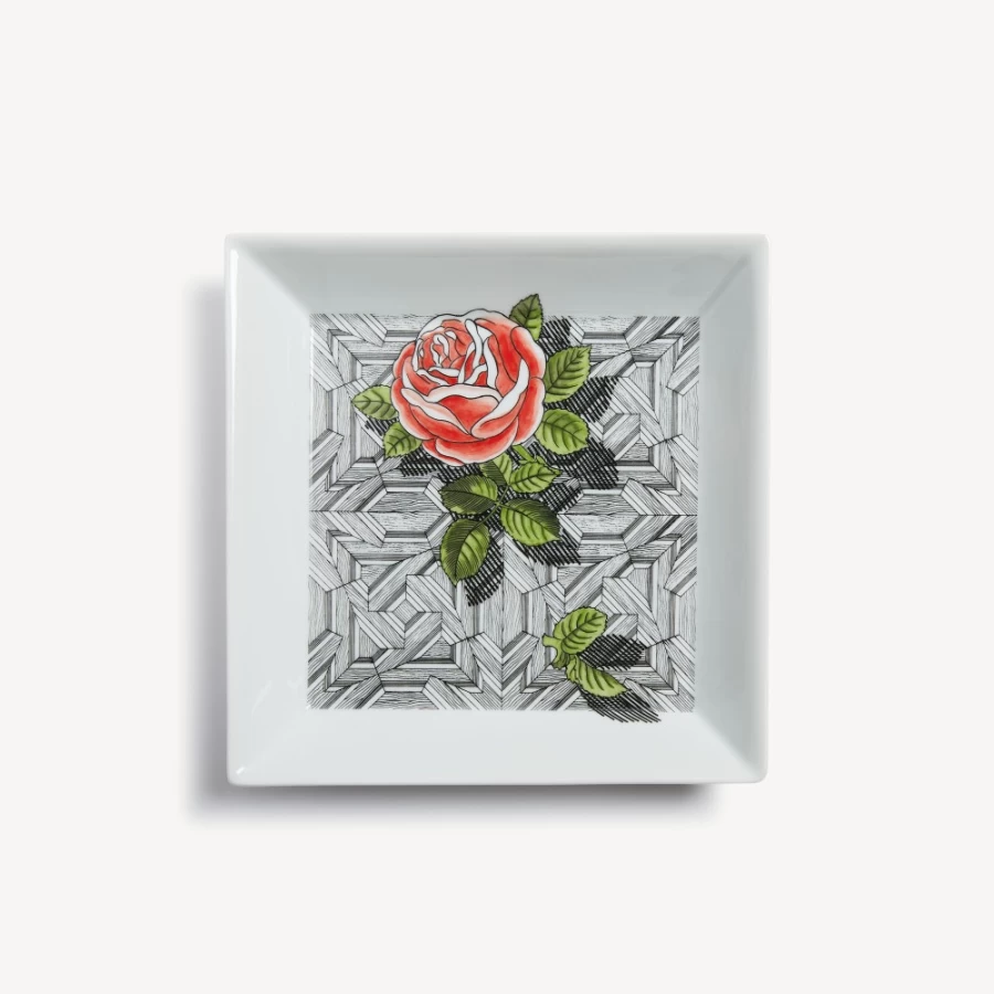 Fornasetti Multicolour Square Plate Musciarabia with Rose Design - Decorative Ceramic Collectible