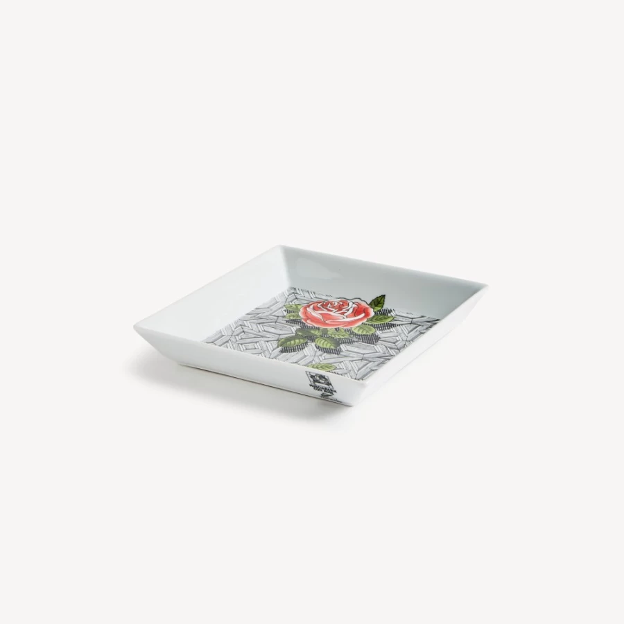 Fornasetti Multicolour Square Plate Musciarabia with Rose Design - Decorative Ceramic Collectible