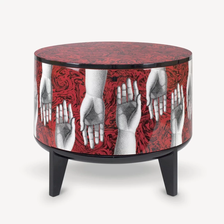 Fornasetti Tamburo Table Don Giovanni in White, Black, and Red - Decorative Drum Side Table