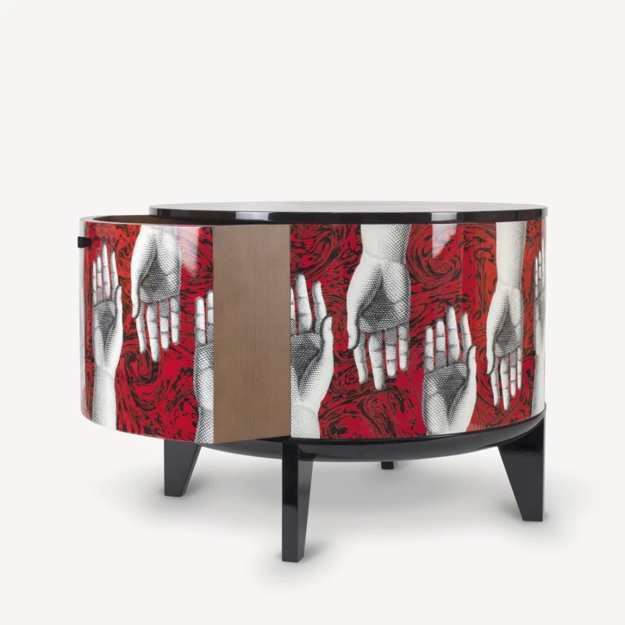 Fornasetti Tamburo Table Don Giovanni in White, Black, and Red - Decorative Drum Side Table
