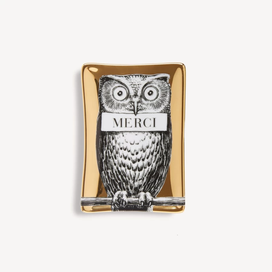 Fornasetti White Black Gold Civetta Ashtray - Decorative Ceramic Collectible