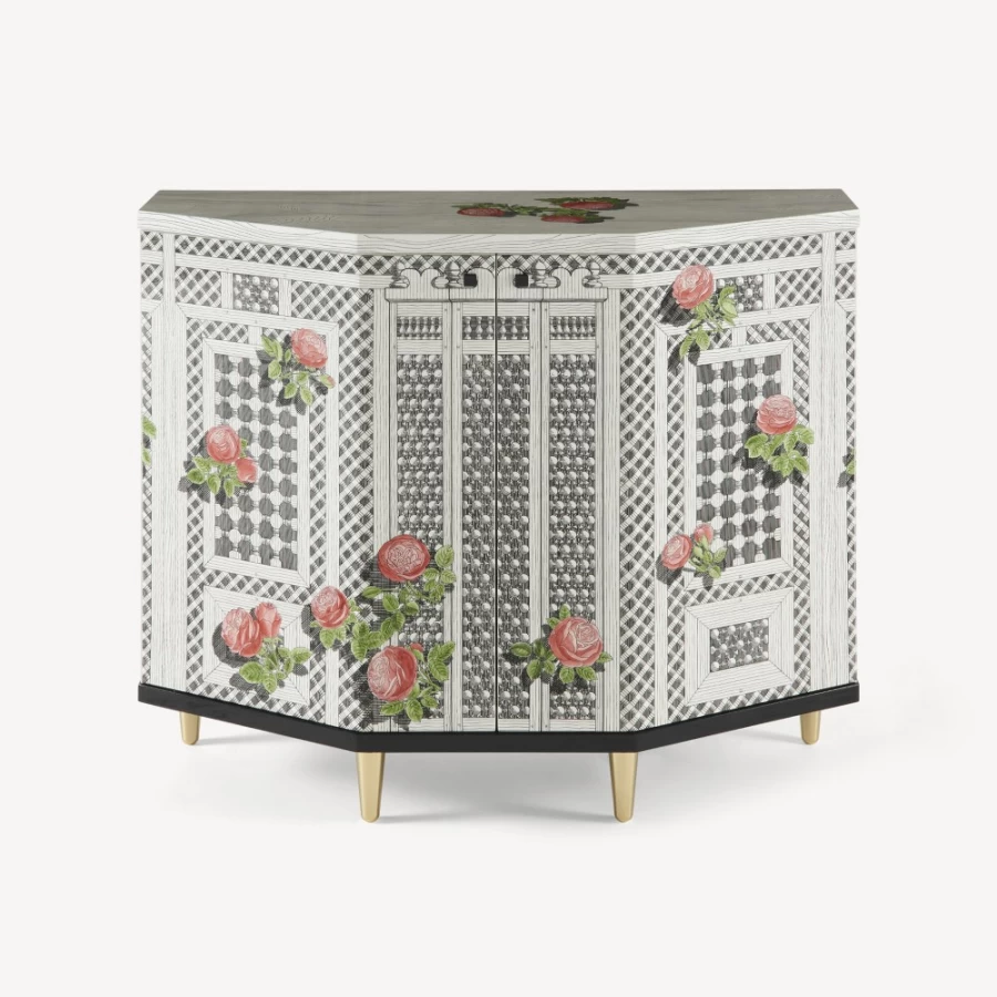 Fornasetti Multicolour Polyhedral Small Cabinet with Rose Design Musciarabia