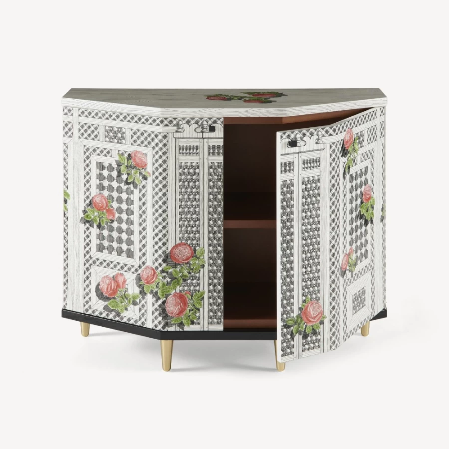 Fornasetti Multicolour Polyhedral Small Cabinet with Rose Design Musciarabia