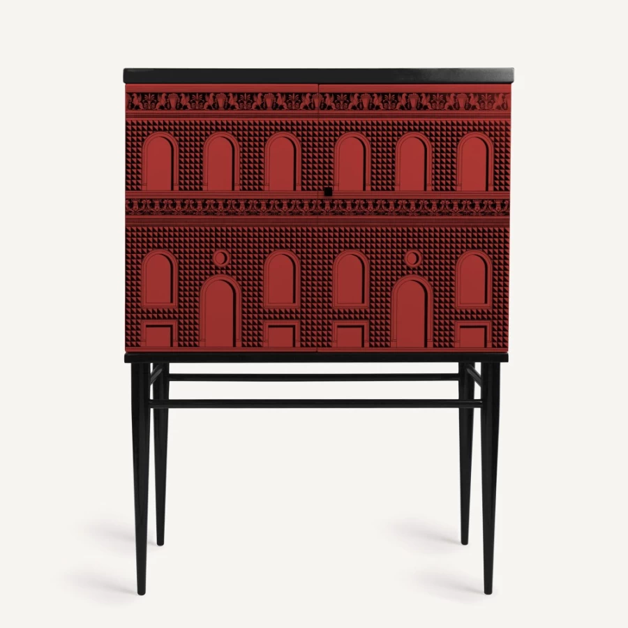 Fornasetti Facciata Quattrocentesca Raised Small Sideboard in Red and Black - Mid-Century Modern Cabinet