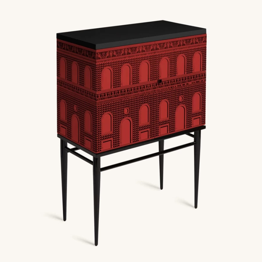 Fornasetti Facciata Quattrocentesca Raised Small Sideboard in Red and Black - Mid-Century Modern Cabinet