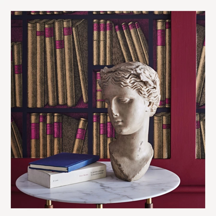 Fornasetti Gold and Magenta Ex Libris Wallpaper - Luxury Designer Wall Covering