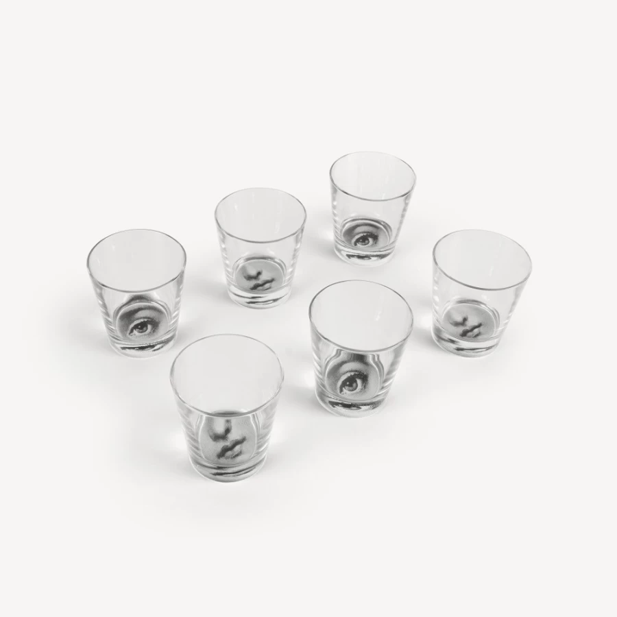 Fornasetti Black Occhio E Bocca Set of 6 Glasses - Elegant Designer Glassware