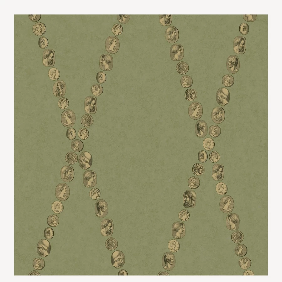 "Fornasetti Cammei Wallpaper in Antique Gold on Olive – Luxury Designer Wall Covering"