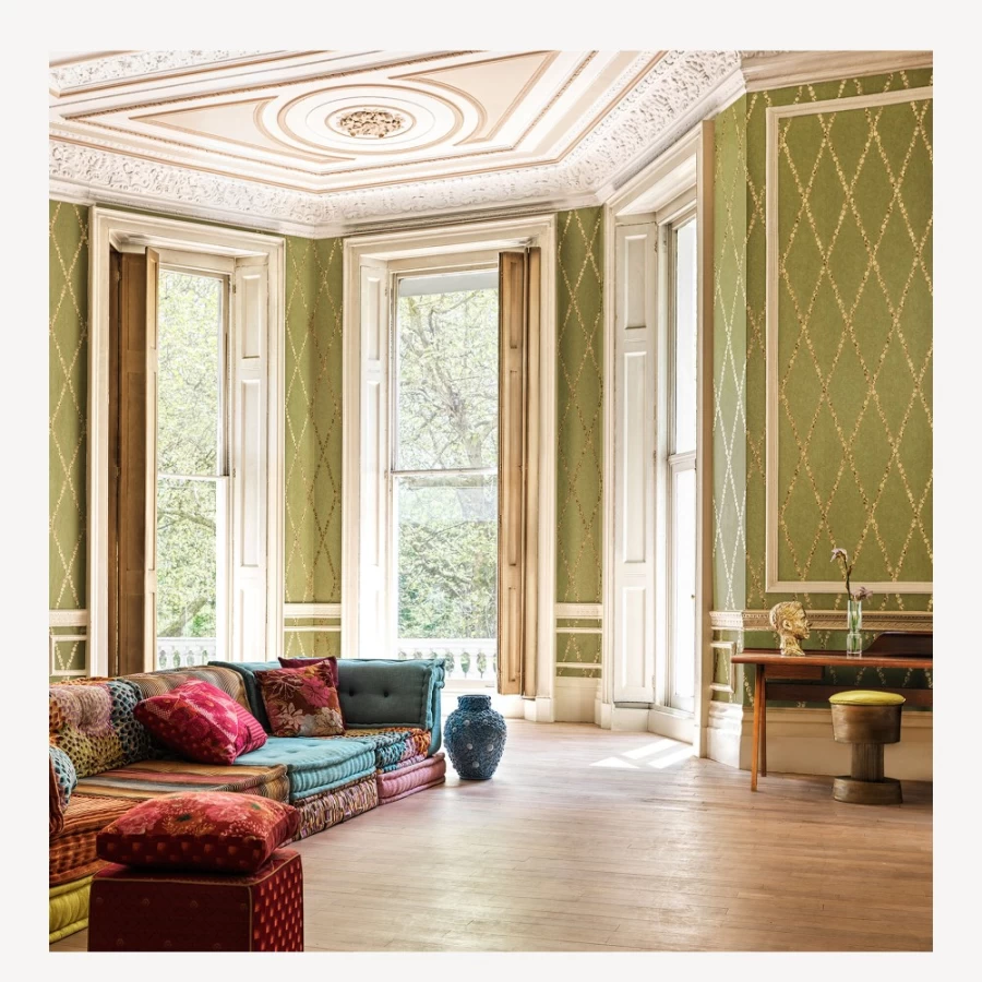 "Fornasetti Cammei Wallpaper in Antique Gold on Olive – Luxury Designer Wall Covering"