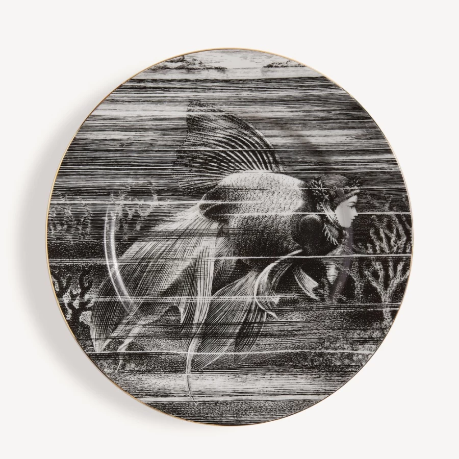 Fornasetti Sirene No.4 Rim Plate in White, Black & Gold - Decorative Ceramic Collectible
