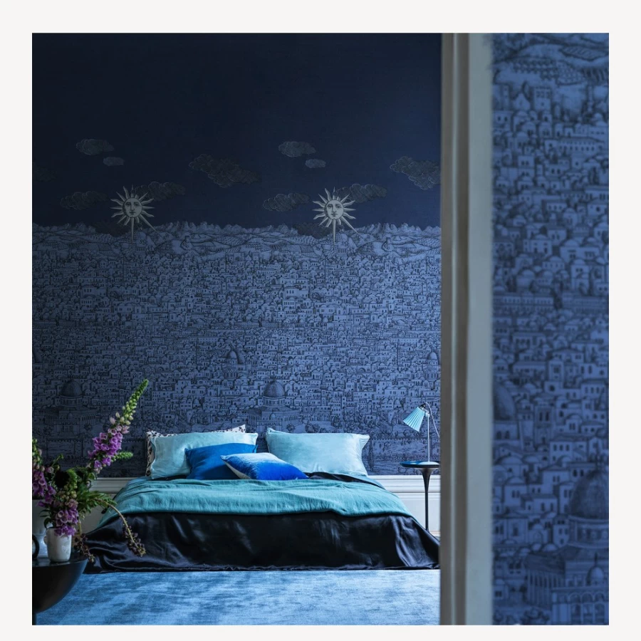 Fornasetti Wallpaper Vista Mediterranea Midnight With Silver Sun Design