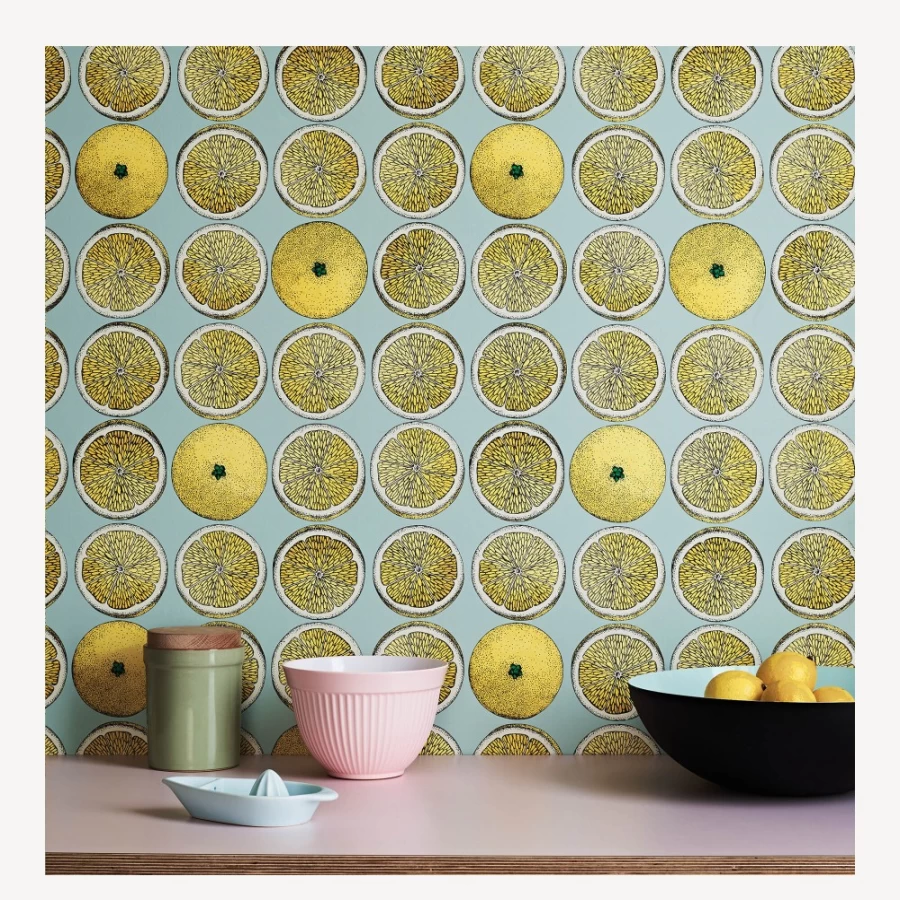 Fornasetti Lemon Seafoam Wallpaper Arance Pattern Designer Wall Covering